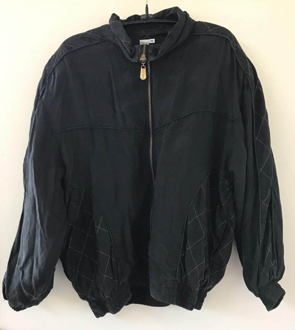Vtg 90s Fuda Intl 100% Silk Black Gold Bomber Jacket Petite Small PS Womens